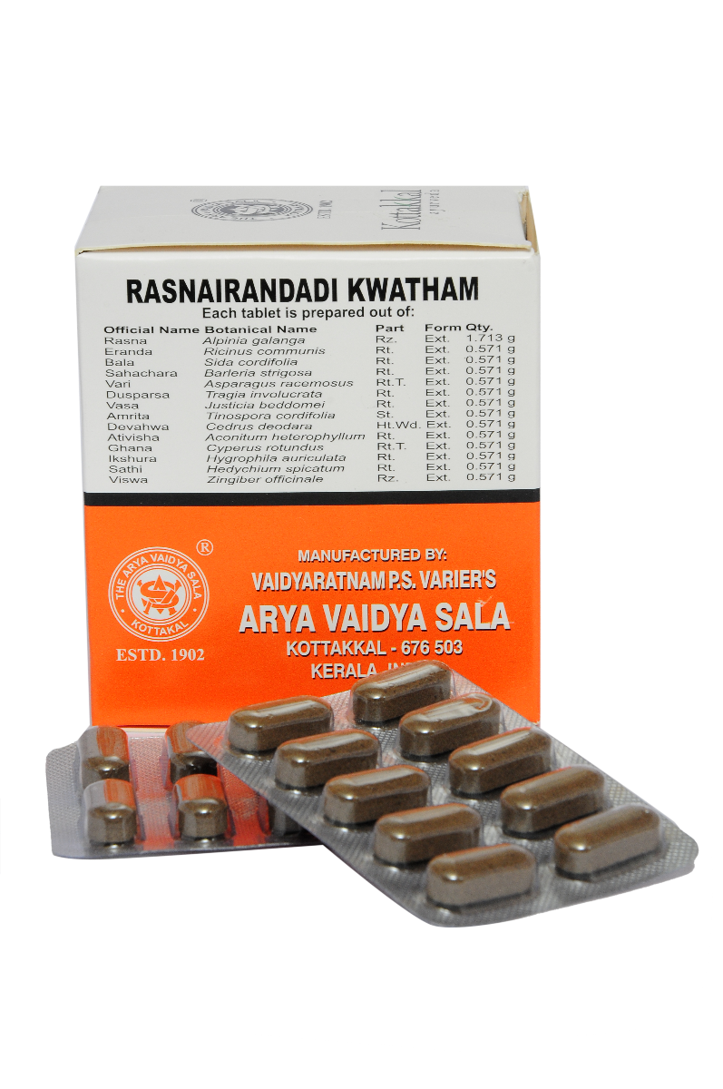 Rasnairandadi Kwatham (Tablet)1 Arya Vaidya Sala Rasnairandadi Kwatham Tablets — классические аюрведические таблетки для поддержки здоровья суставов, позвоночника, мышц и опорно-двигательного аппарата.